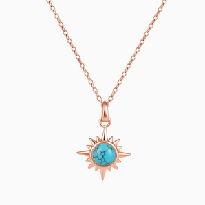 18KT Rose Gold Vermeil Cabochon Turquoise Radiant Necklace - Sunburst Front View