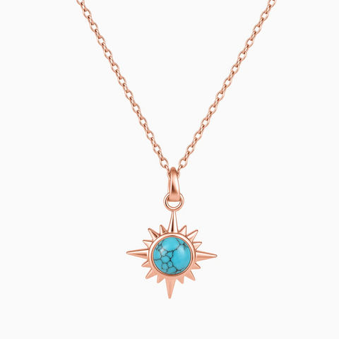 18KT Rose Gold Vermeil Cabochon Turquoise Radiant Necklace - Sunburst Front View