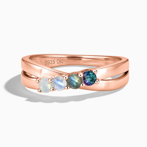 18KT Rose Gold Vermeil Celestial Mirage Four Round Stone Crossover Ring - Seasons Rhythm Front View
