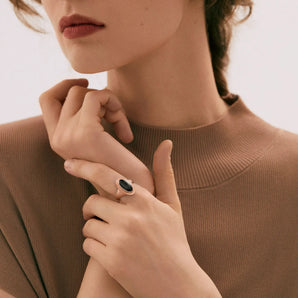 18KT Rose Gold Vermeil Chunky Oval Black Onyx Sandblasted Ring - The Zenith Worn View