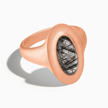 18KT Rose Gold Vermeil Chunky Oval Black Rutilated Quartz Sandblasted Ring - The Zenith Front View