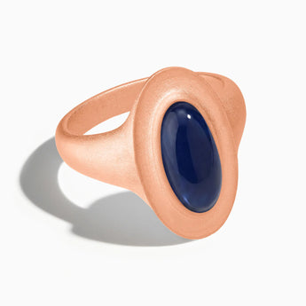 18KT Rose Gold Vermeil Chunky Oval Blue Sapphire Sandblasted Ring - The Zenith Front View