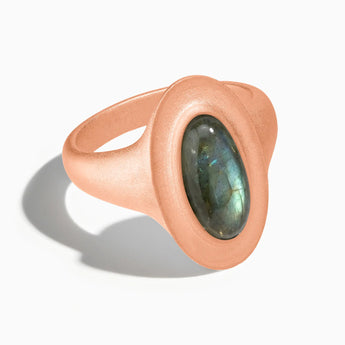 18KT Rose Gold Vermeil Chunky Oval Labradorite Sandblasted Ring - The Zenith Front View
