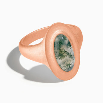 18KT Rose Gold Vermeil Chunky Oval Moss Agate Sandblasted Ring - The Zenith Front View