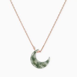 18KT Rose Gold Vermeil Crescent Moss Agate Pendant Necklace - Nightfall Front View