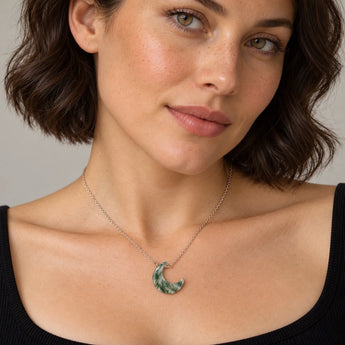 18KT Rose Gold Vermeil Crescent Moss Agate Pendant Necklace Nightfall Model Shot