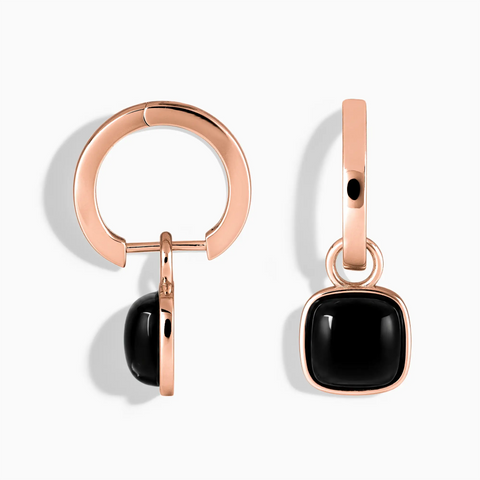 18KT Rose Gold Vermeil Cushion Black Onyx Bezel Hoop Earrings - Quiet Sway Front View