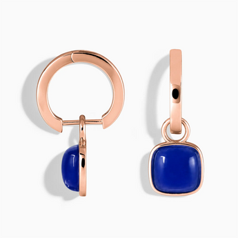 18KT Rose Gold Vermeil Cushion Blue Sapphire Bezel Hoop Earrings - Quiet Sway Front View