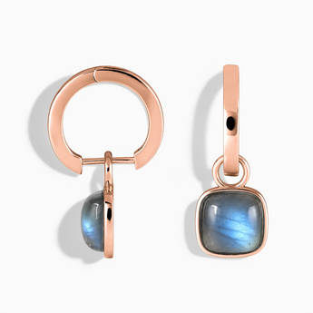 18KT Rose Gold Vermeil Cushion Labradorite Bezel Hoop Earrings - Quiet Sway Front View
