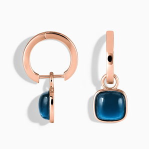 18KT Rose Gold Vermeil Cushion London Blue Topaz Bezel Hoop Earrings - Quiet Sway Front View