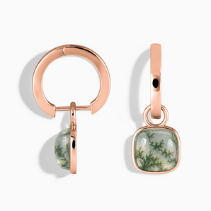 18KT Rose Gold Vermeil Cushion Moss Agate Bezel Hoop Earrings - Quiet Sway Front View