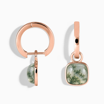 18KT Rose Gold Vermeil Cushion Moss Agate Bezel Hoop Earrings - Quiet Sway Front View