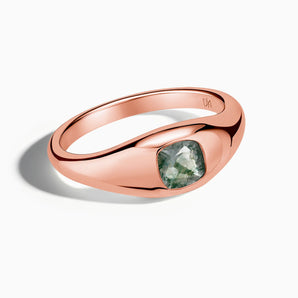 18KT Rose Gold Vermeil Cushion Moss Agate Signet Ring - Monolith Front View