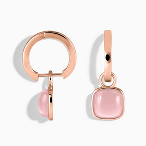 18KT Rose Gold Vermeil Cushion Rose Quartz Bezel Hoop Earrings - Quiet Sway Front View