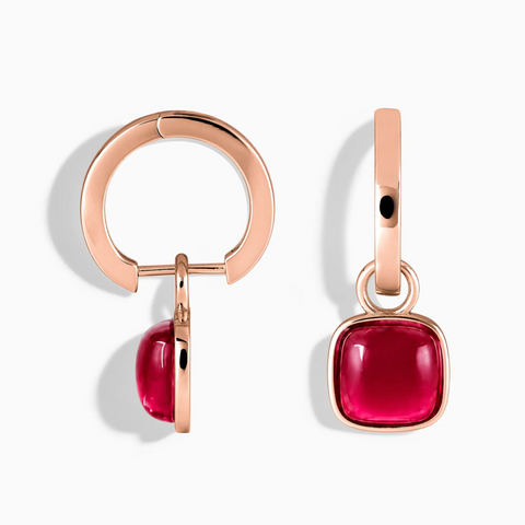 18KT Rose Gold Vermeil Cushion Ruby Bezel Hoop Earrings - Quiet Sway Front View