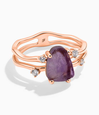 18KT Rose Gold Vermeil Double Band Raw Amethyst Ring - Interweave Front View