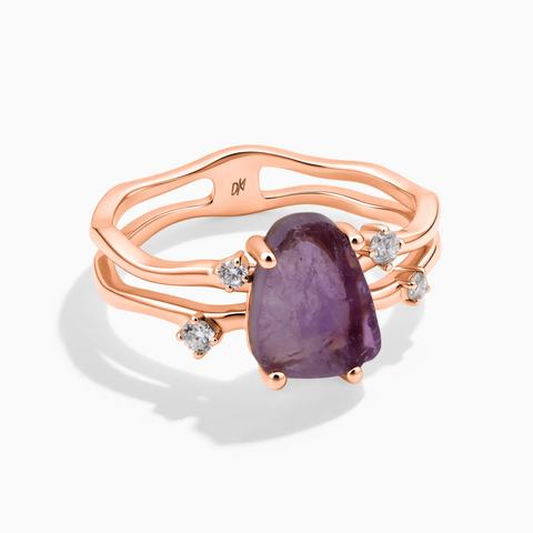 18KT Rose Gold Vermeil Double Band Raw Amethyst Ring - Interweave Front View