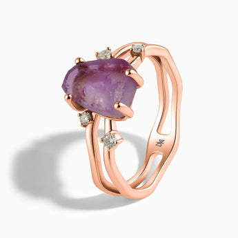 18KT Rose Gold Vermeil Double Band Raw Amethyst Ring - Interweave Side View