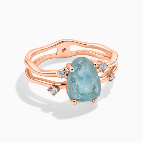 18KT Rose Gold Vermeil Double Band Raw Aquamarine Ring - Interweave Front View