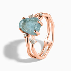18KT Rose Gold Vermeil Double Band Raw Aquamarine Ring - Interweave Side View