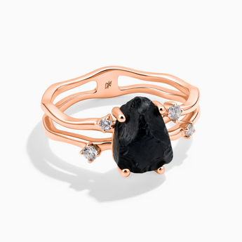 18KT Rose Gold Vermeil Double Band Raw Black Onyx Ring - Interweave Front View