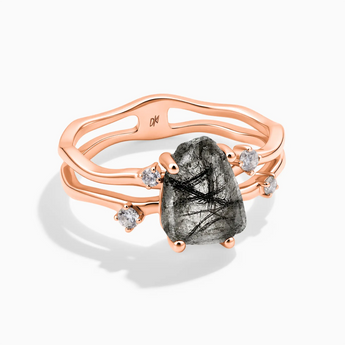 18KT Rose Gold Vermeil Double Band Raw Black Rutilated Quartz Ring - Interweave Front View