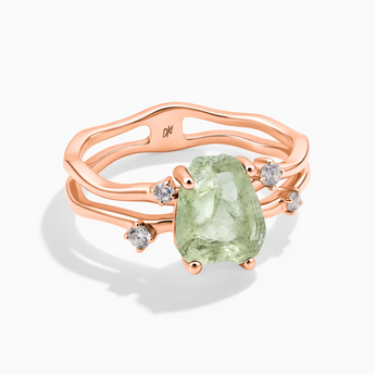 18KT Rose Gold Vermeil Double Band Raw Green Amethyst Ring - Interweave Front View