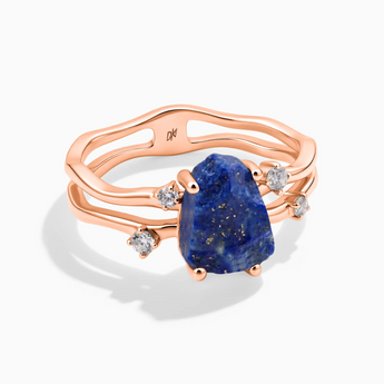 18KT Rose Gold Vermeil Double Band Raw Lapis Lazuli Ring - Interweave Front View
