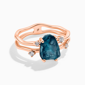 18KT Rose Gold Vermeil Double Band Raw London Blue Topaz Ring - Interweave Front View