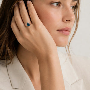 18KT Rose Gold Vermeil Double Band Raw London Blue Topaz Ring - Interweave Model Shot