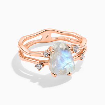 18KT Rose Gold Vermeil Double Band Raw Moonstone Ring - Interweave Front View
