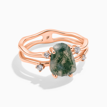 18KT Rose Gold Vermeil Double Band Raw Moss Agate Ring - Interweave Front View