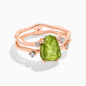 18KT Rose Gold Vermeil Double Band Raw Peridot Ring - Interweave Front View