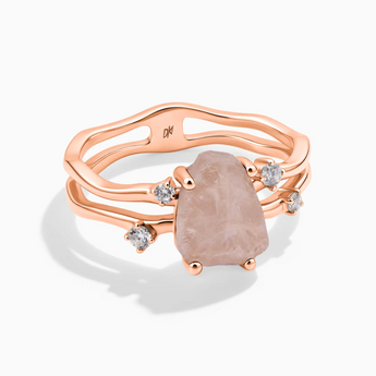 18KT Rose Gold Vermeil Double Band Raw Rose Quartz Ring - Interweave Front View