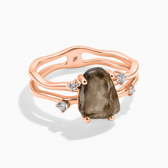 18KT Rose Gold Vermeil Double Band Raw Smoky Quartz Ring - Interweave Front View