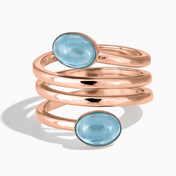 18KT Rose Gold Vermeil Double Cabochon Aquamarine Coil Ring - Endless Winding Front View