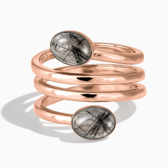 18KT Rose Gold Vermeil Double Cabochon Black Rutilated Quartz Coil Ring - Endless Winding Front View