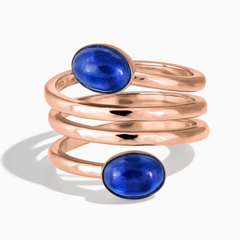 18KT Rose Gold Vermeil Double Cabochon Blue Sapphire Coil Ring - Endless Winding Front View
