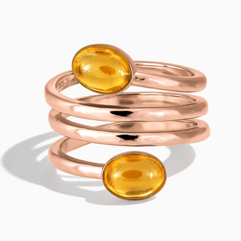 18KT Rose Gold Vermeil Double Cabochon Citrine Coil Ring - Endless Winding Front View