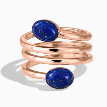 18KT Rose Gold Vermeil Double Cabochon Lapis Lazuli Coil Ring - Endless Winding Front View