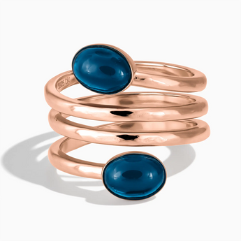 18KT Rose Gold Vermeil Double Cabochon London Blue Topaz Coil Ring - Endless Winding Front View