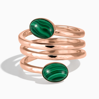 18KT Rose Gold Vermeil Double Cabochon Malachite Coil Ring - Endless Winding Front View