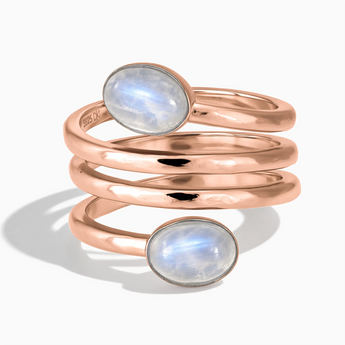 18KT Rose Gold Vermeil Double Cabochon Moonstone Coil Ring - Endless Winding Front View