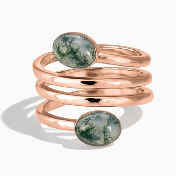 18KT Rose Gold Vermeil Double Cabochon Moss Agate Coil Ring - Endless Winding Front View