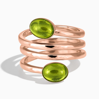 18KT Rose Gold Vermeil Double Cabochon Peridot Coil Ring - Endless Winding Front View