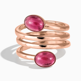 18KT Rose Gold Vermeil Double Cabochon Pink Tourmaline Coil Ring - Endless Winding Front View