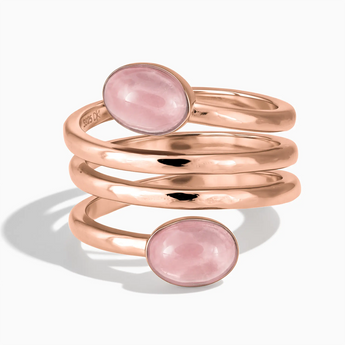 18KT Rose Gold Vermeil Double Cabochon Rose Quartz Coil Ring - Endless Winding Front View