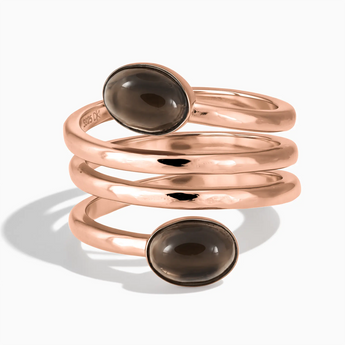 18KT Rose Gold Vermeil Double Cabochon Smoky Quartz Coil Ring - Endless Winding Front View