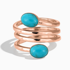 18KT Rose Gold Vermeil Double Cabochon Turquoise Coil Ring - Endless Winding Front View