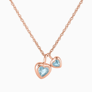 18KT Rose Gold Vermeil Double Heart Aquamarine Bezel Necklace - Coeur Echo Front View